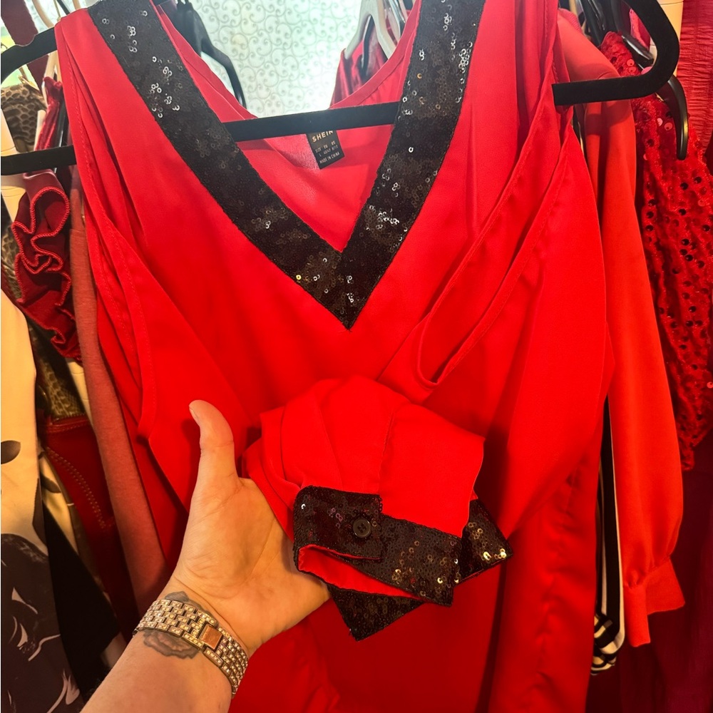 Red Sequin V-Neck Blouse